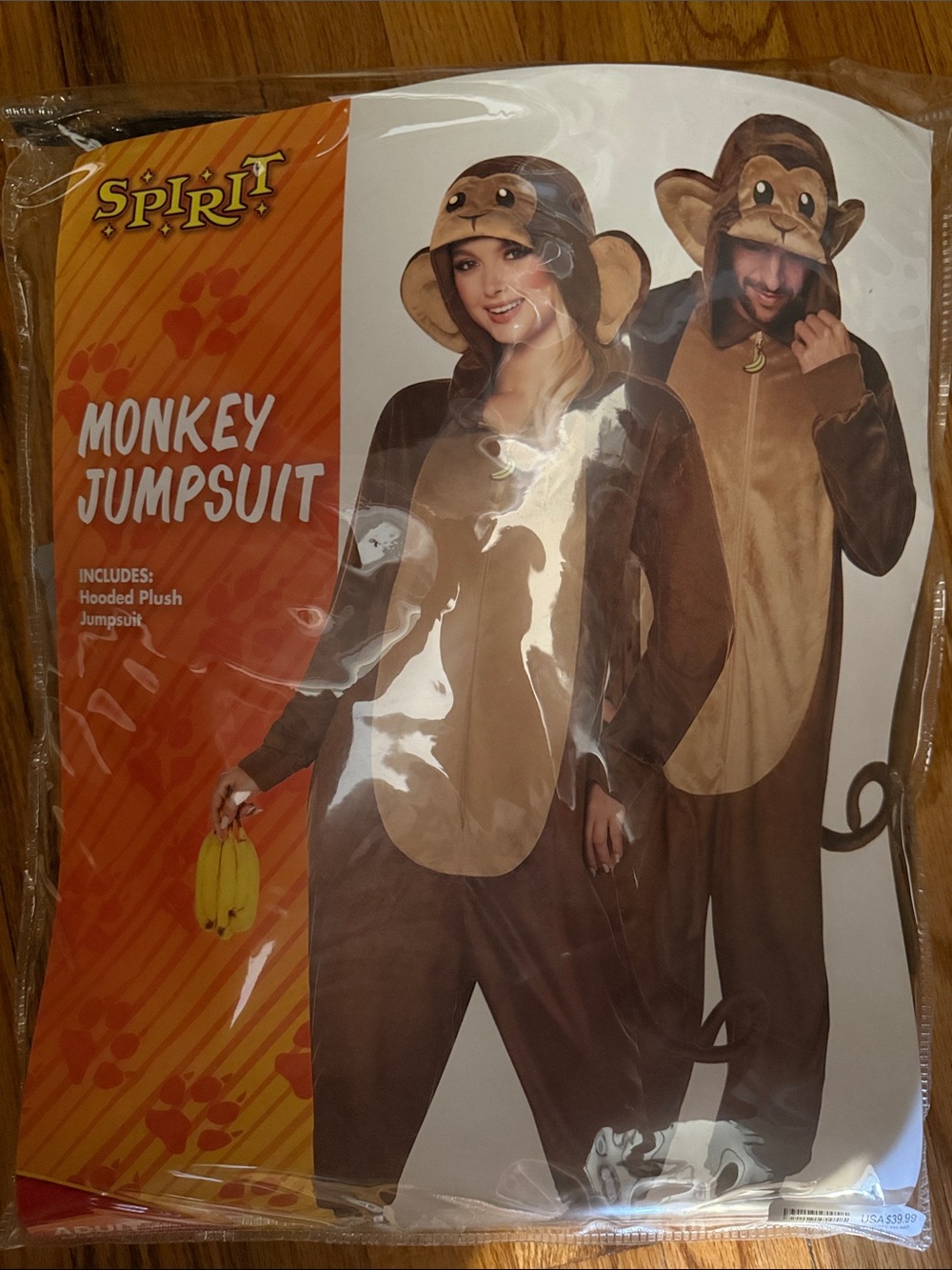 Spirit Brown and Tan Monkey Jumpsuit Costume - Hooded Plush ADULT Outfit S/M